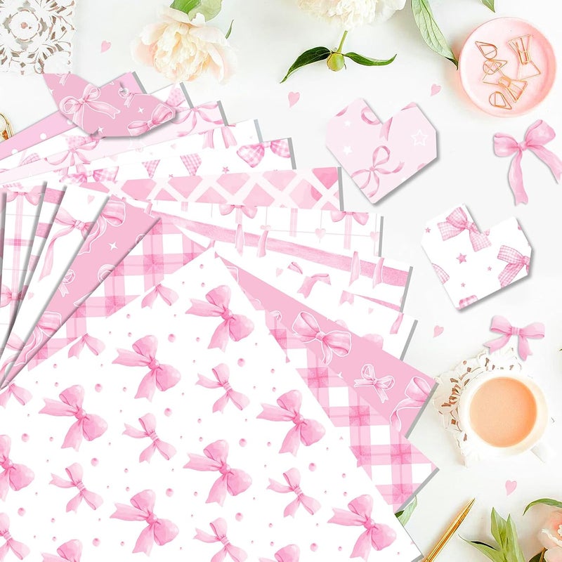 Feivando 24 Sheets Pink Bow Scrapbook Paper 12'' × 12'' Double-Sided Bows Pattern Paper Pink Plaid Decorative Decoupage Cardstock for DIY Card Craft Making Scrapbook Supplies - Image 5